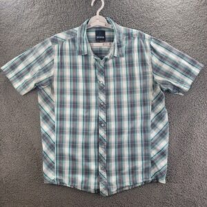 Prana Short Sleeve Shirt Green Plaid Mens Large‎ Pearl Snap Collared Casual